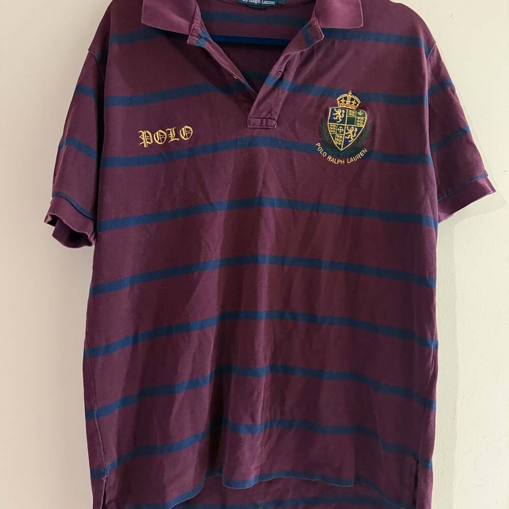 Polo Ralph Lauren Rugby Shirt Mens XL Maroon Blue Stripe Embroidered Crest 90s